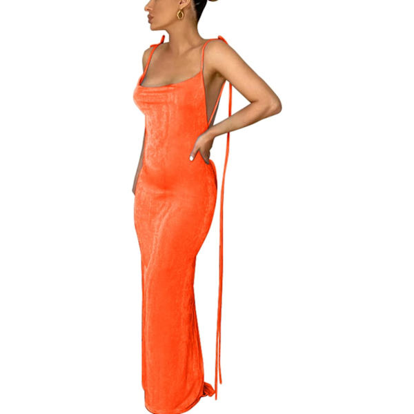 javun Dam Sommar Spaghetti Rem Sexy Ärmlös Rygglös Bodycon Festklubb Cocktailklänning Orange Liten