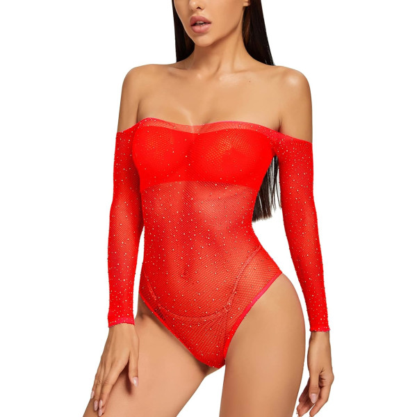 ve Damen Sexy Sparkle Strass Mesh Teddy Fischnetz Dessous Einteiliger Bodysuit Red