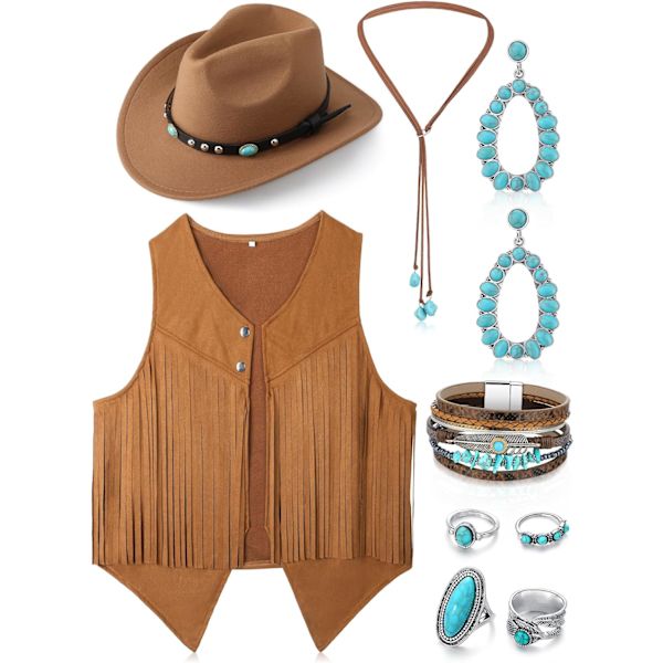ine 9 st Western Outfits för kvinnor Cowgirl Tassel Sleeveless Vest Cowboy Hat Turquoise Smyckesset för Halloween Klänning Khaki Medium
