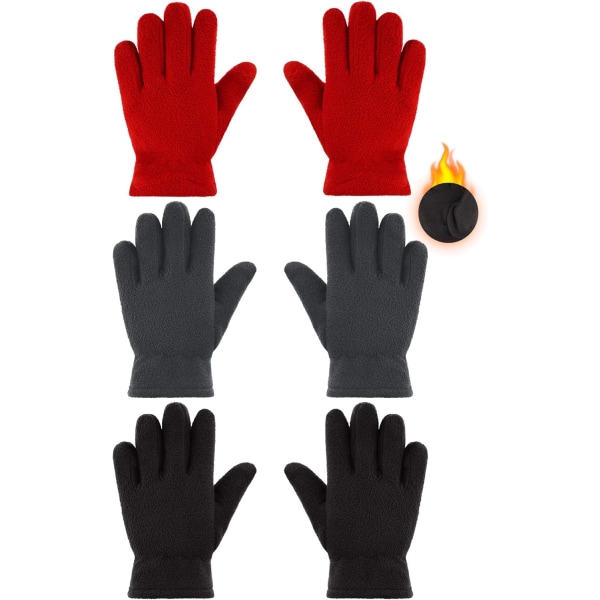 INIOR 3 par barn fleece vinterhandskar varma full fingerhandskar för pojkar flickor barn snö utomhusaktiviteter Suppli svart, grå, Re 8-12 år