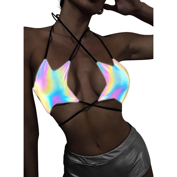 e Star Top för kvinnor - Sexig Halter Party Dance Bra Rygglös Strappy Crisscross Wrap Tie Musikfestival Outfit Holografisk Medium
