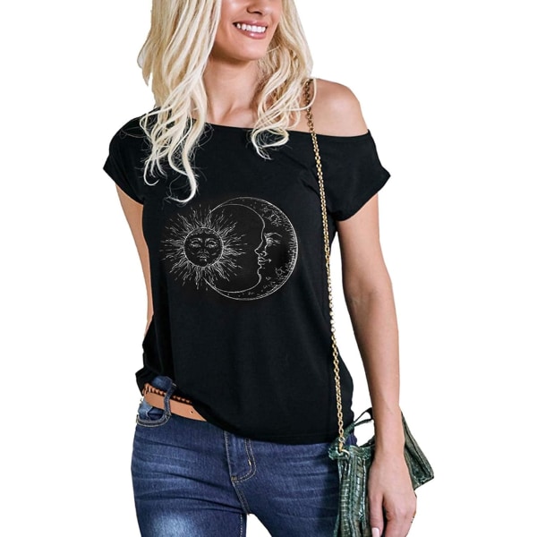 oco 80-tals off Shoulder-tröjor för damer Kortärmad Casual Loose Fit Blus T-shirt Sun Moon01 Medium