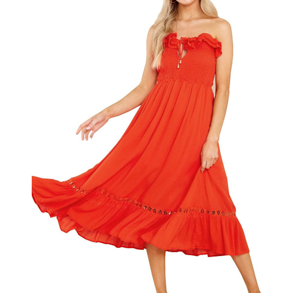 ivimos Dam Sommar Bomull Spaghetti Remmar V-Ringad Volang Casual Boho Midi Flytande Klänning Röd#2 X-Large