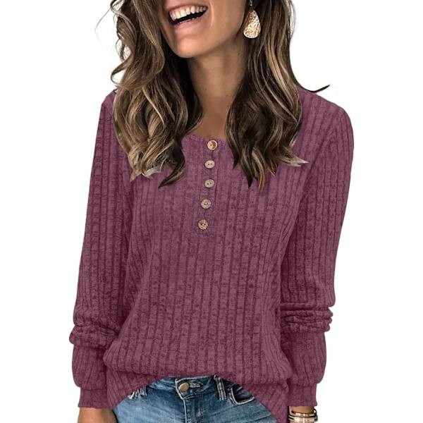 MOON Dam Lätta Tröjor 2024 Långärmad Henley Skjorta Höst Casual Crewneck Tunika Toppar Fuchsia X-Large