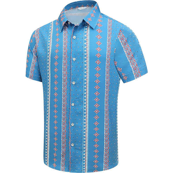 cki Hawaiian skjorta för män, unisex sommar strand casual kortärmad knapp ner skjortor, tryckt palmskugga kläder randig himmelsblå liten