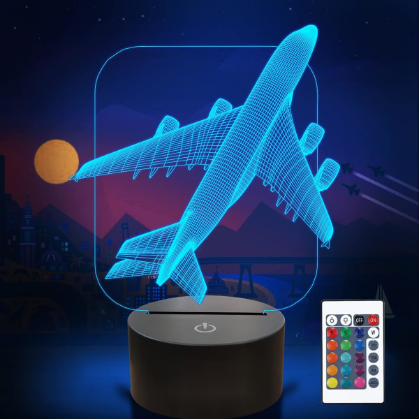 plane 3D nattlampa för barn, FULLOSUN Aircraft Illusion Optisk flygande sänglampa 16 färgskiftande med fjärrkontroll Dim sovrumsdekor Best Crea
