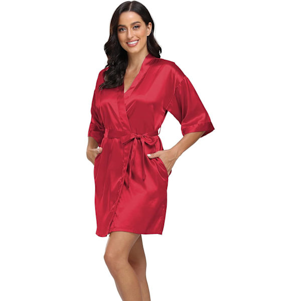 Bund Dam Satin Robe Silke Kimono Badrock Ren Kort Sexig Nattkläder Brudtärna Brud Fest Robes med Ficka Vinröd X-Large