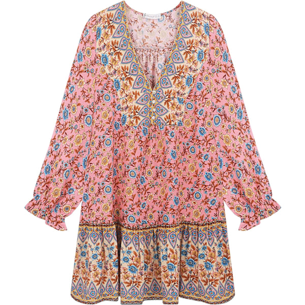 ivimos Dam Sommar Bomull Långärmad Casual Boho V-ringning Knappar Blommig Tryck Mini Tunika Klänning Rosa Medium