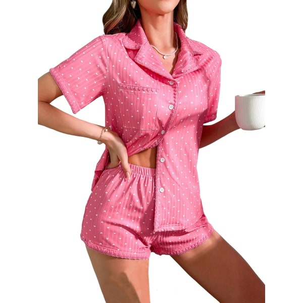dusa Dam 2-delad knapp fram kortärmad topp och shorts pyjamas set rosa X-Large