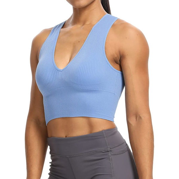 bond Damkläder Sexig Ärmlös Sömlös Crop Top Djup V-ringad Ribbad Tank Top med Avtagbara Kuddar
