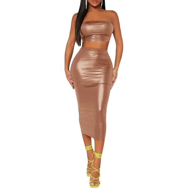 dusa Dam 2-delat set PU-läder kort tubtopp och lång bodycon kjol set brun liten