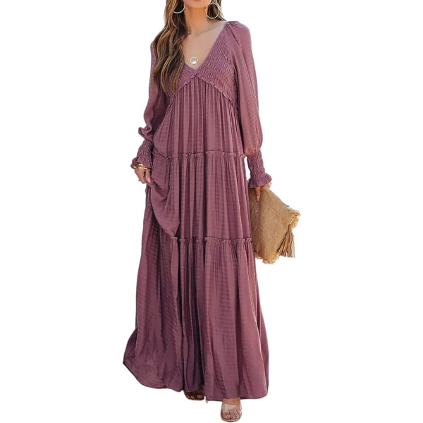 ivimos Maxiklänning för kvinnor Långärmad V-ringad Empire Midja Lager Ruffle Boho Casual Flytande Långa Klänningar Darkrose Small