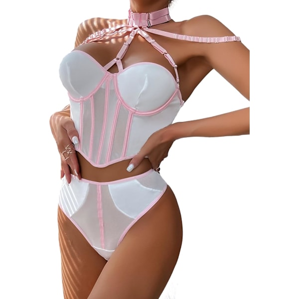 lamr Sexiga Damunderkläder Set 2 Delar Korsett Boudoir Konsertkläder För Kvinnor Behå Och Trosset Med Halsband Rosa Och Vit X-Large