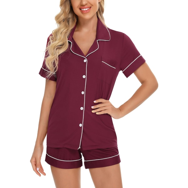 ng Dam Button Down Pyjamas Set V-hals Kortärmad Nattkläder Mjuk Pyjamas Set S-XXL, A Style Byxor Ingen Vinröd Medium