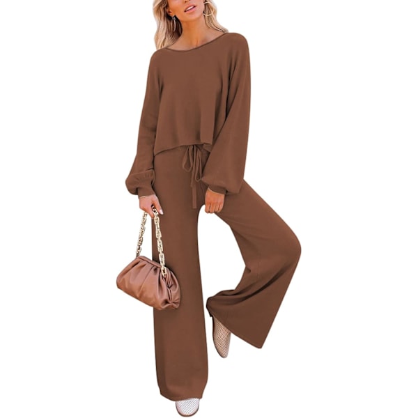 Ny dam 2-delad träningsdräkt långärmad stickad tröja vida byxor outfits loungewear set