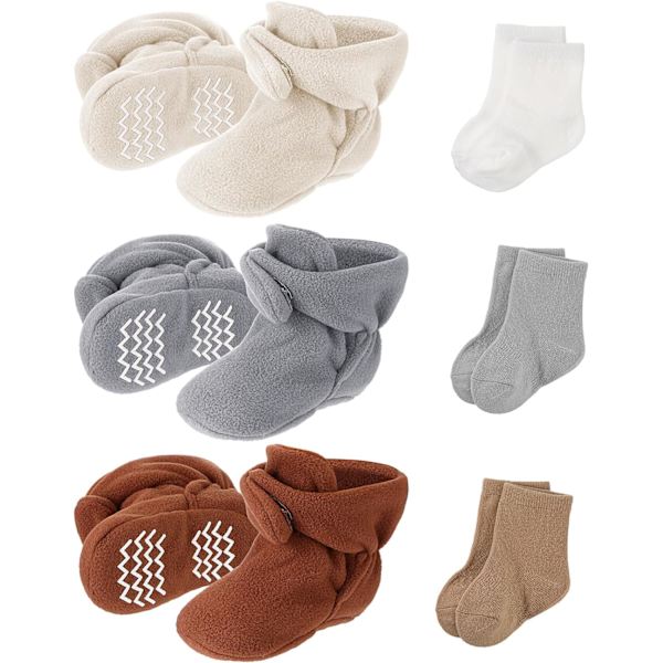 INIOR 3 par unisex mysiga fleece baby-booties med 3 par bomullssockor för spädbarn