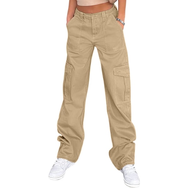 uo Cargo-byxor för kvinnor Casual -byxor med hög midja Baggy Stretchy Wide Ben Y2K Streetwear med 6 fickor Light Khaki Medium