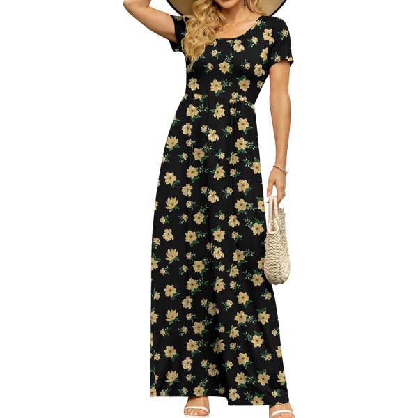 MOON kortärmade maxiklänningar för kvinnor Casual Empire Midja lång klänning med fickor Svart blommig 02 3X-Large