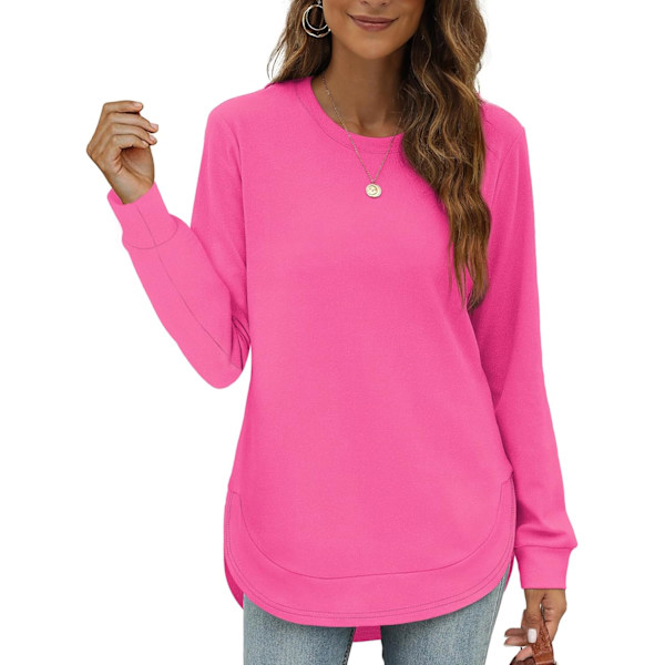 EFAN Damtröja Crewneck Långärmad tröjor för kvinnor Hög Låg Toppar Kurvad Fåll 36-het Rosa Medium