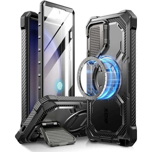 lason Armorbox för Samsung Galaxy S24 Ultra Skal med Kameraskydd Stativ, [Trådlös Laddning Kompatibel] Helkropp Rugge Svart