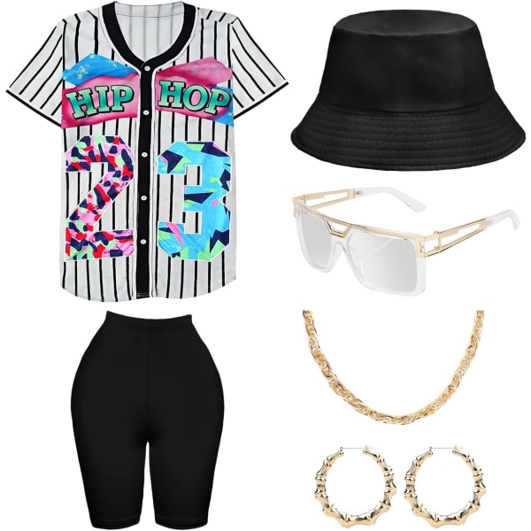 DPARTY 80-tal 90-tals outfit för kvinnor, unisex hiphopdräkt basebolltröja Yogabyxor Rapper Accessoarer Vit skjorta Bla Large