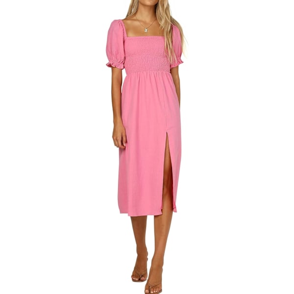ivimos Sommarklänning för kvinnor Bomull Rutig Puffärmar Avslappnad Off-Shoulder Boho Sidoslitsad Midiklänning Rosa Stor