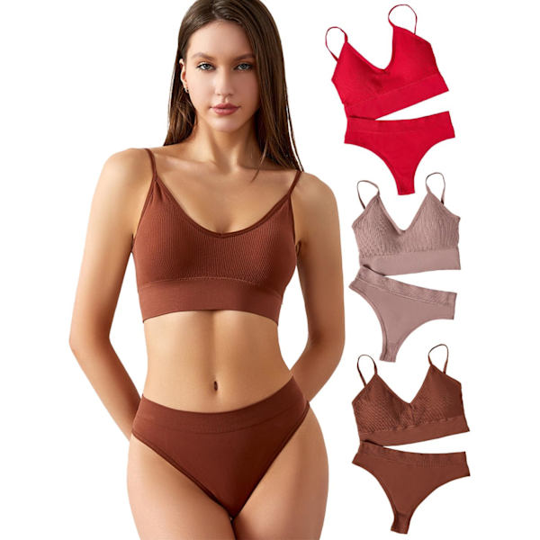 cto Dam 3-pack trådlös ribbad stickad behå och trosor set matchande underkläder set Multi 1 Medium