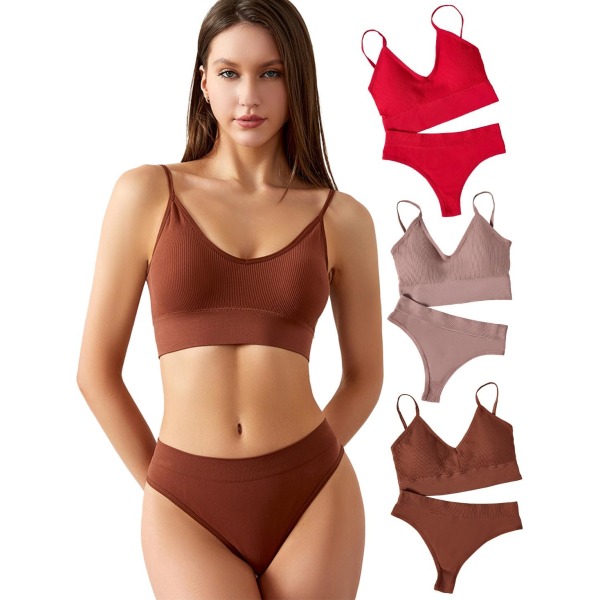 cto Dam 3-pack trådlös ribbad stickad behå och trosset matchande underklädesset Multi 1 Medium