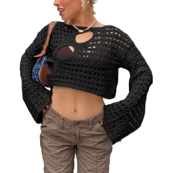 Kvinnor Y2K Virkad Kint Toppar Färgblock Långärmad Crop Tops Ihålig Fyrkantig Hals Tröja Skjorta