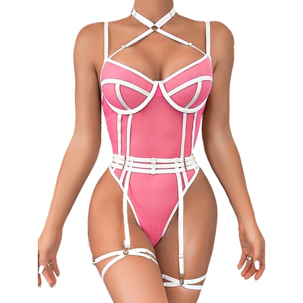i&Shi Rave Outfits, Sexig Top Strappy, Snap Gren, 3PC Backless Mesh Body Pink & White 6-8