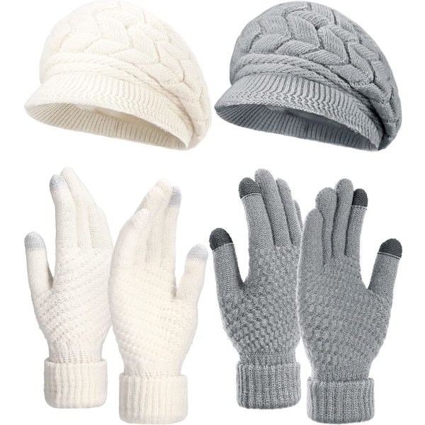 4-delad vinterset för kvinnor med mössa och handskar, varm stickad mössa, handskar, snöskidmössa med skärm och pekskärmshandskar