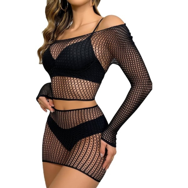 tifo Damunderkläder Fishnet BabyDoll Bodysuit Miniklänning Set One Size Svart T19 One Size