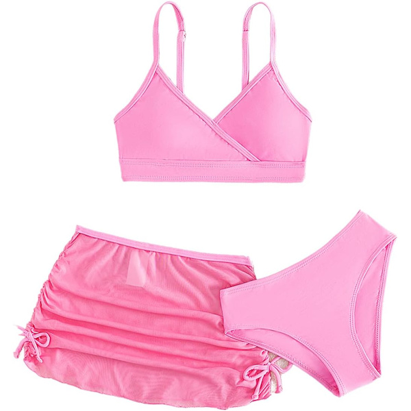 dusa Flickors 3-delade Bikini Badkläder Söta Baddräkter Badkläder Hög Midja med Cover Up Strandkjol Rosa 9 År