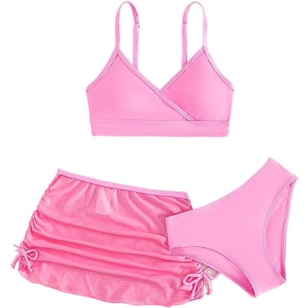 dusa Girl's 3-delad bikini badkläder Söta baddräkter Baddräkt hög midja med cover strandkjol rosa 12 år