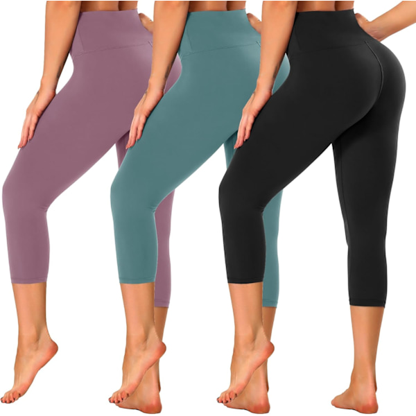hay 3-pack högmidjade capri leggings för kvinnor - magkontroll träningslöparbyxor - reg & plus size