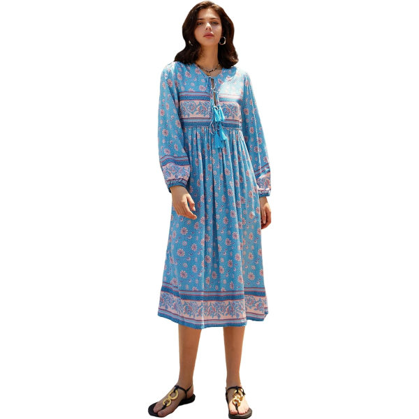ivimos Dam långärmad blommig retro V-ringad tofs casual bohemisk midiklänningar Hazeblue X-Large