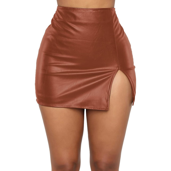 egy Kvinnors Konstläder Hög Midja Kjol Split Dragkedja Minikjol Bodycon Stretch Kjolar Brun Stor