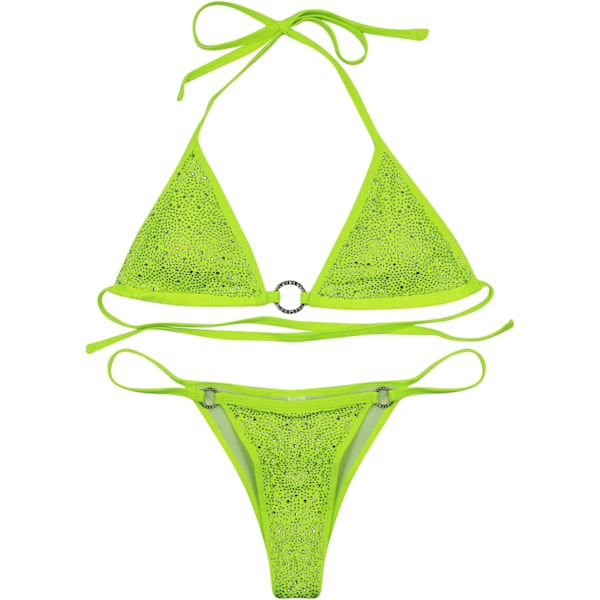 en's Sexy Sparkly Rhinestone Triangle Bikini 2 Piece O Ring Tie Back String Thong Swimsuit Green Medium