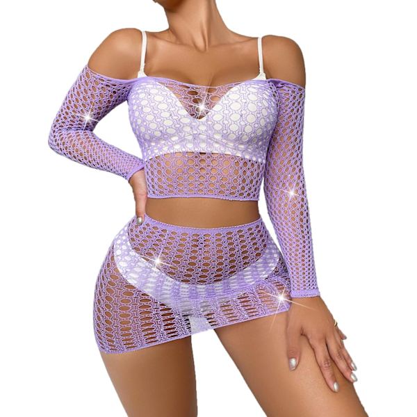 errki Dam Sexy Sparkle Rhinestones Fishnet Långärmad Crop Top och Biker Shorts Två Delar Lingerie Set T-lila En Storlek