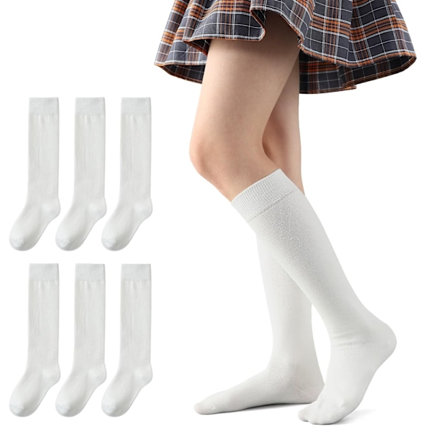 I PANDA 6 par knästrumpor för flickor och pojkar, mjuka barnstrumpor för skoluniform, långa strumpor, vita, 6-8 år
