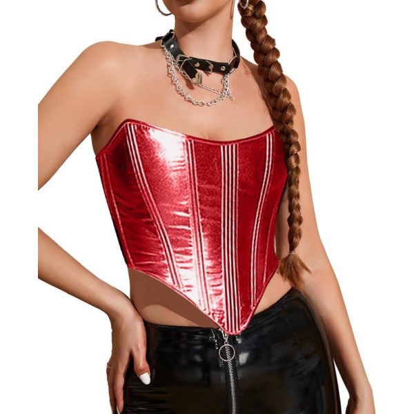 ay Korsetttoppar för kvinnor Metalliskt läderkorsetttopp Y2K Sexig axelbandslös Bustier Bodyshaper Röd Stor