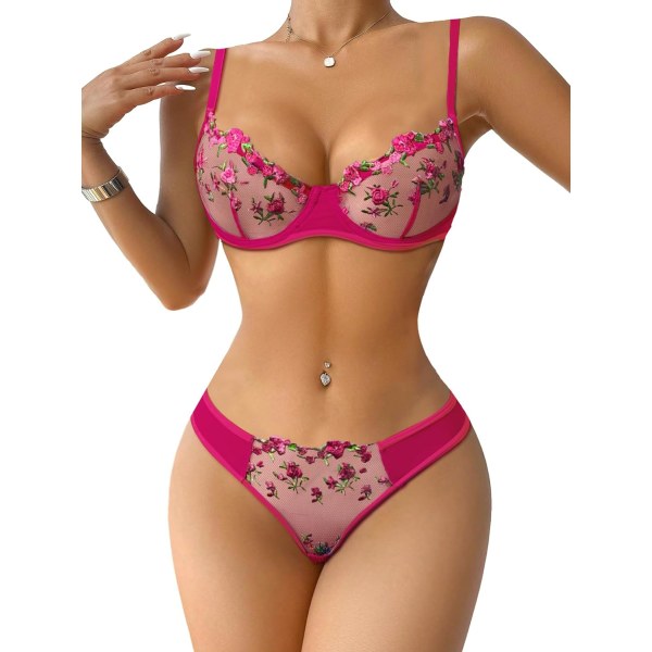 osy Sexig bygel söt genomskinlig Kawaii strumpeband bälte underkläder set behå och trosor 3 delar blomma varm rosa X-Small