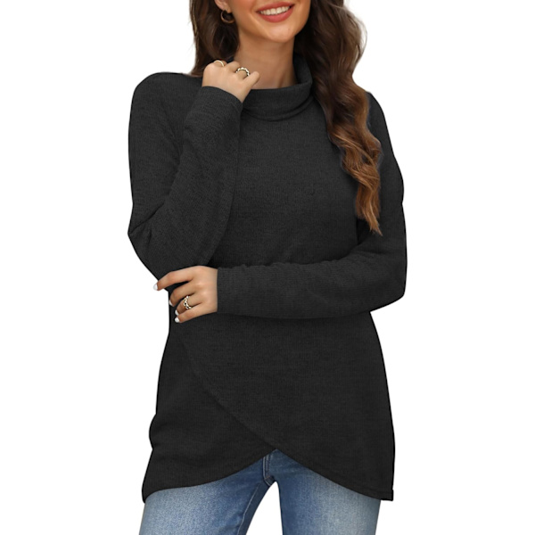 EFAN Dam Cowl Neck Tunika Toppar Långärmad Pullover Casual Sweatshirts Lång Svart L