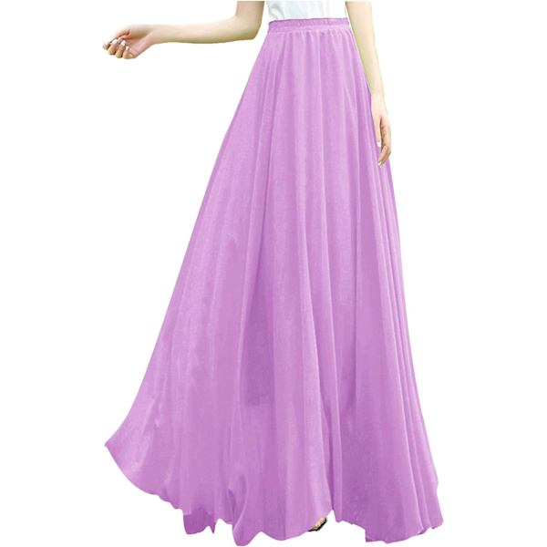 Kvinnor Full/Ankel Längd Elastisk Plisserad Retro Maxi Chiffon Lång Kjol Lavendel X-Large