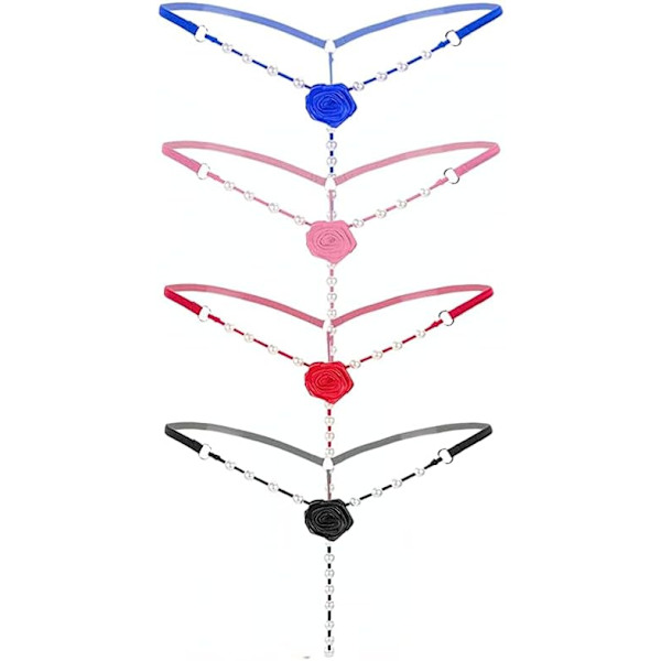 en's Pearl T Back G String Broderade Ros Blommor Pärlsträngad Trosa String Underkläder Sexig Micro Underbyxor 4st(svart+röd+ En Storlek