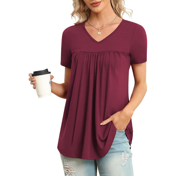 LASI Dam Sommartoppar V-hals Korta Ärmar Casual Skjorta Flytande Tunika Blus Vinröd XX-Large