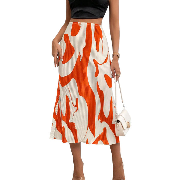dusa Dam High Waist Graphic Print A Line Plisserad Lång Kjol Orange X-Small