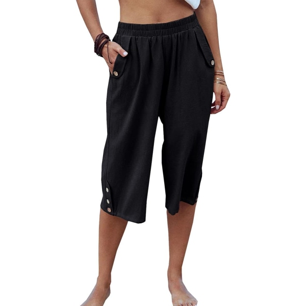 aer Capri-byxor för kvinnor Casual Cropped Byxor Elastisk midja sommarbyxor 3/4 långa byxor med fickor S-XXL Svart Liten