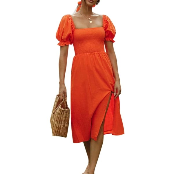 ivimos Sommarklänning för kvinnor Bomullsrutad Puffärmar Causal Off-Shoulder Boho Side Slit Midiklänning Orange X-Large