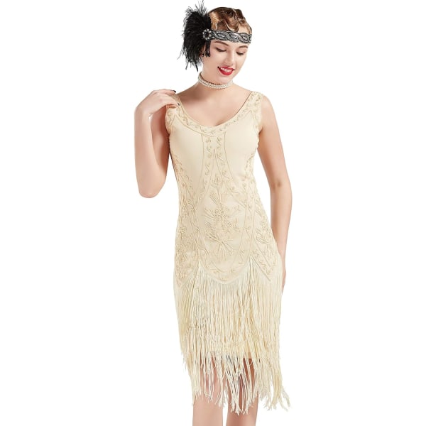 EYOND 1920-tals Flapper Dress Roaring 20-tal Great Gatsby Costume Klänning Fransad Utsmyckad Klänning Aprikos Stor